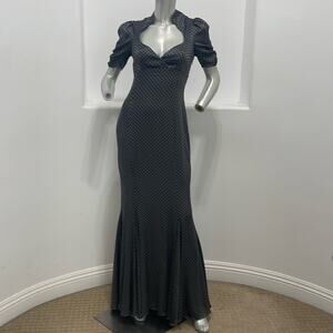 bebe Short Sleeve Cutout Back Silky Gray Black Polka Dots Gown